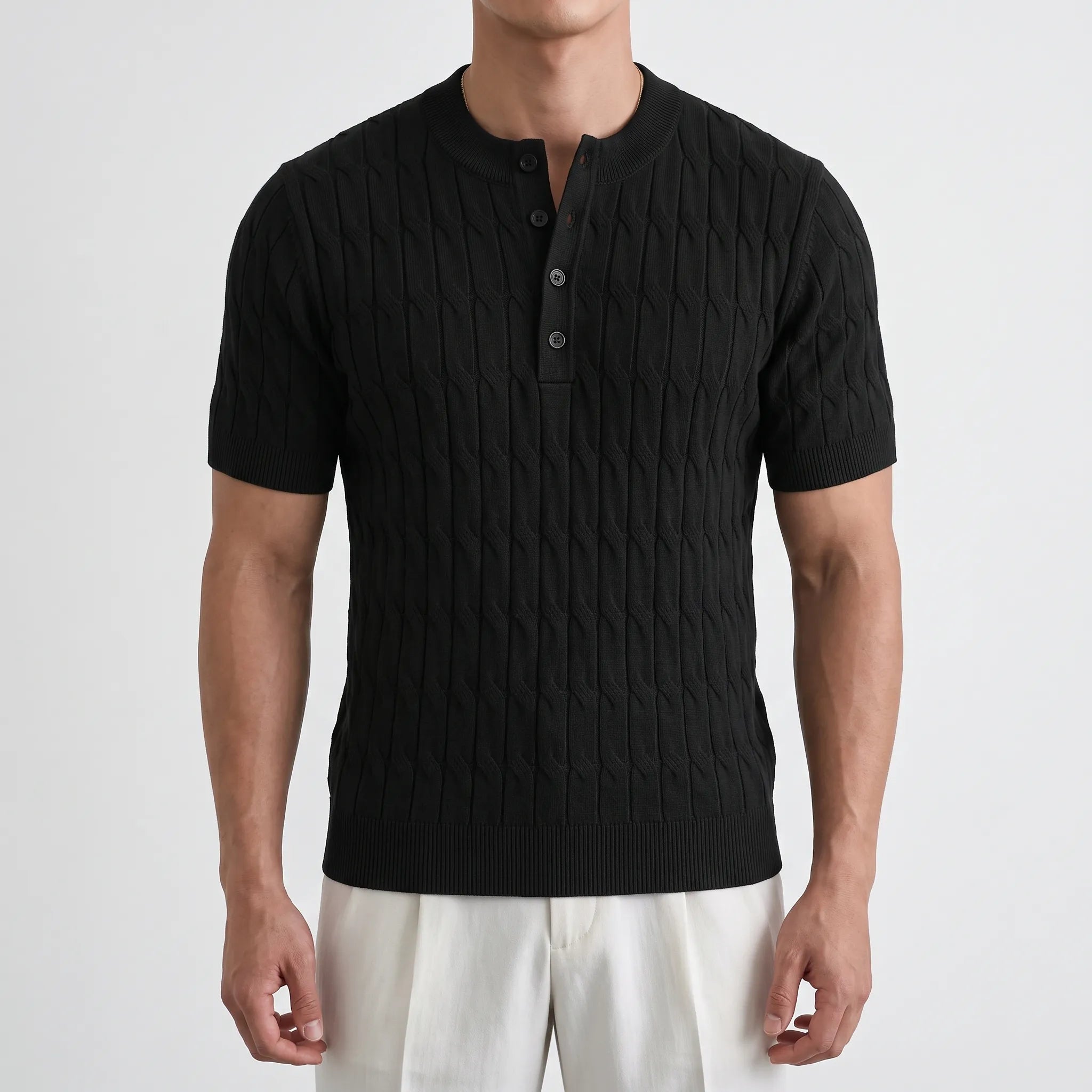 Knitare  - Short-Sleeved Textured Henley Shirt Weekend City Breaks