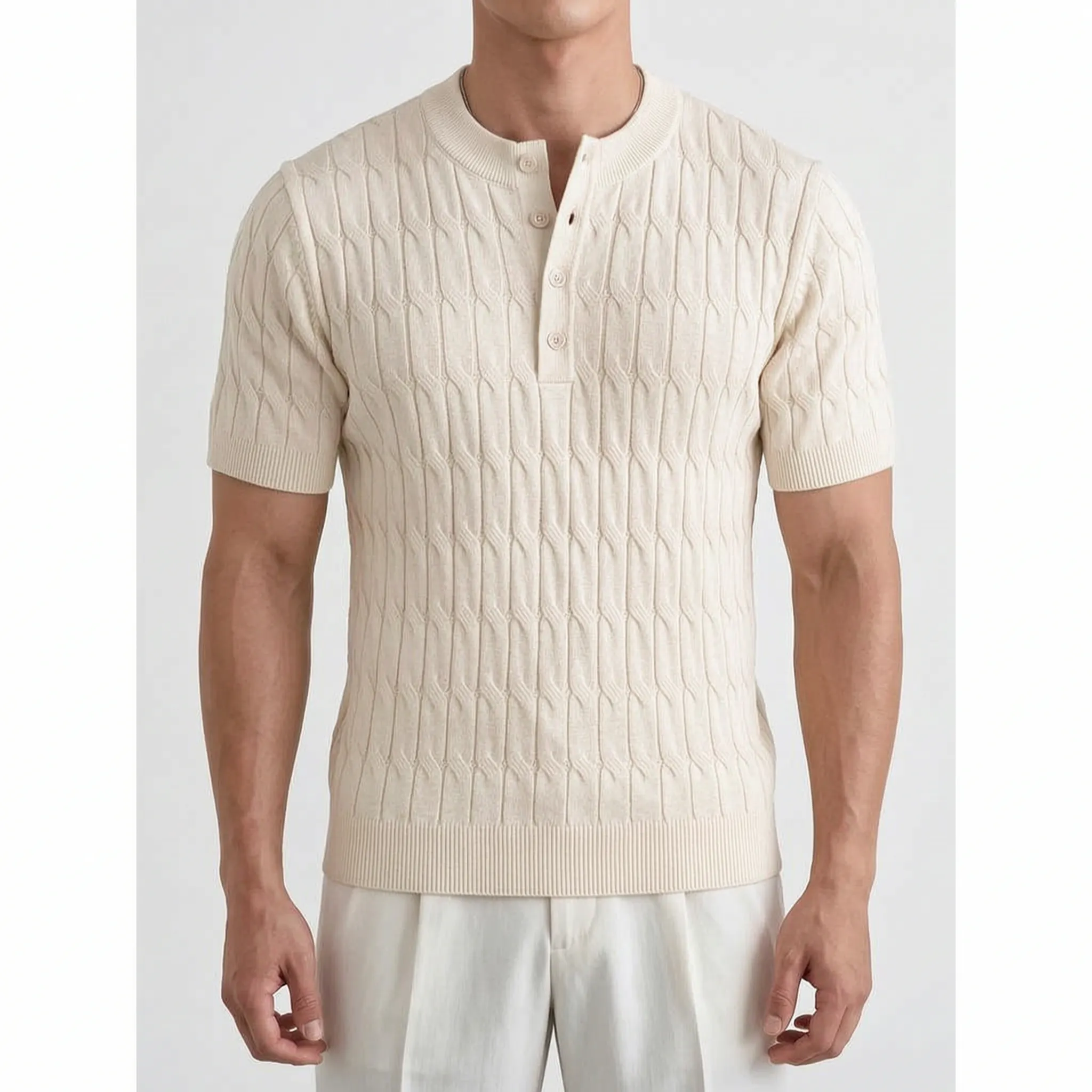 Knitare  - Short-Sleeved Textured Henley Shirt Weekend City Breaks