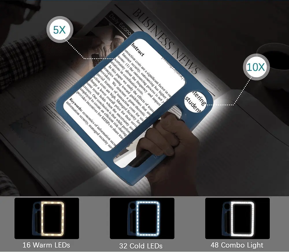 Handheld LED reading magnifier with illuminated rectangular lens and round lens