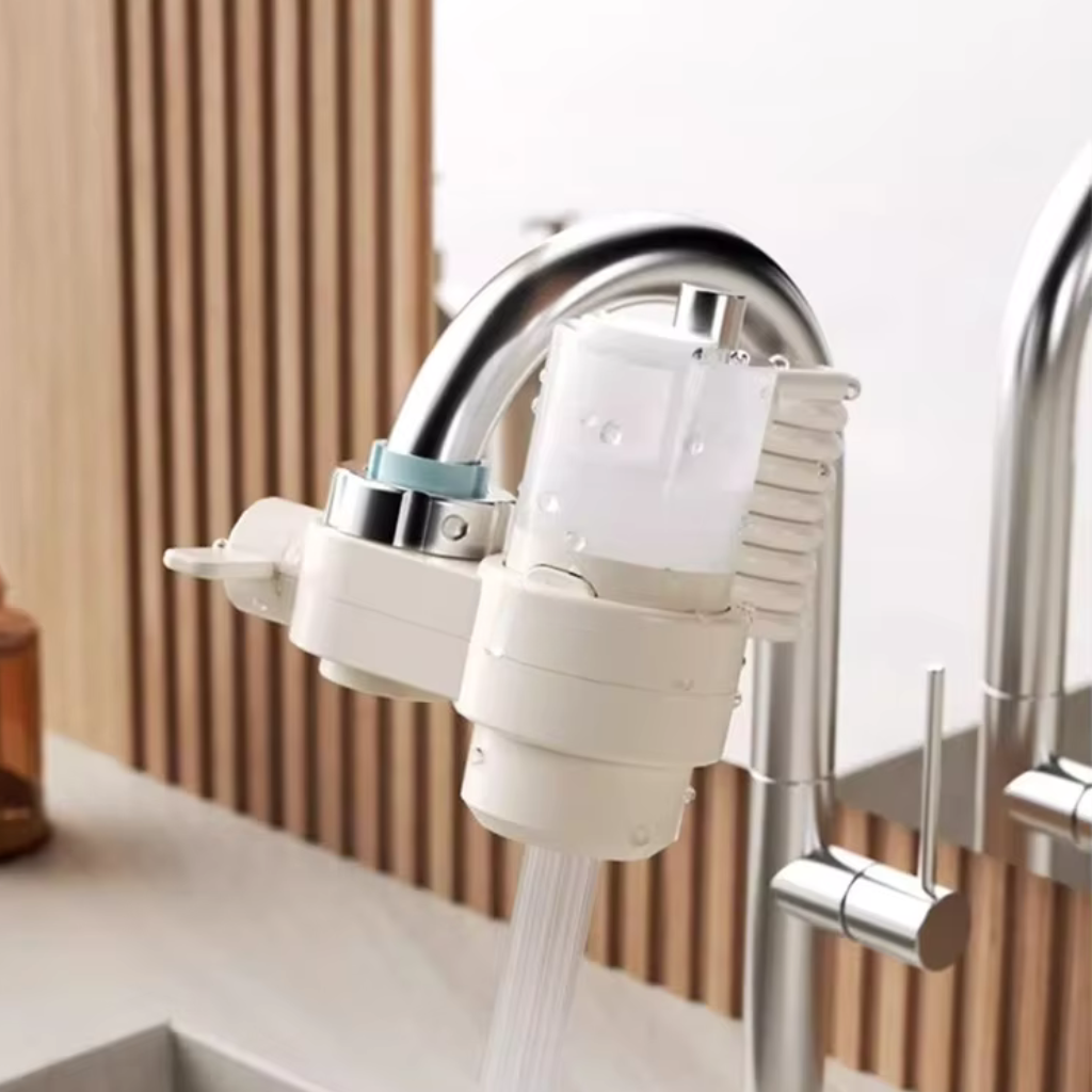 White kitchen tap soap dispenser with sponge holder and flexible hose