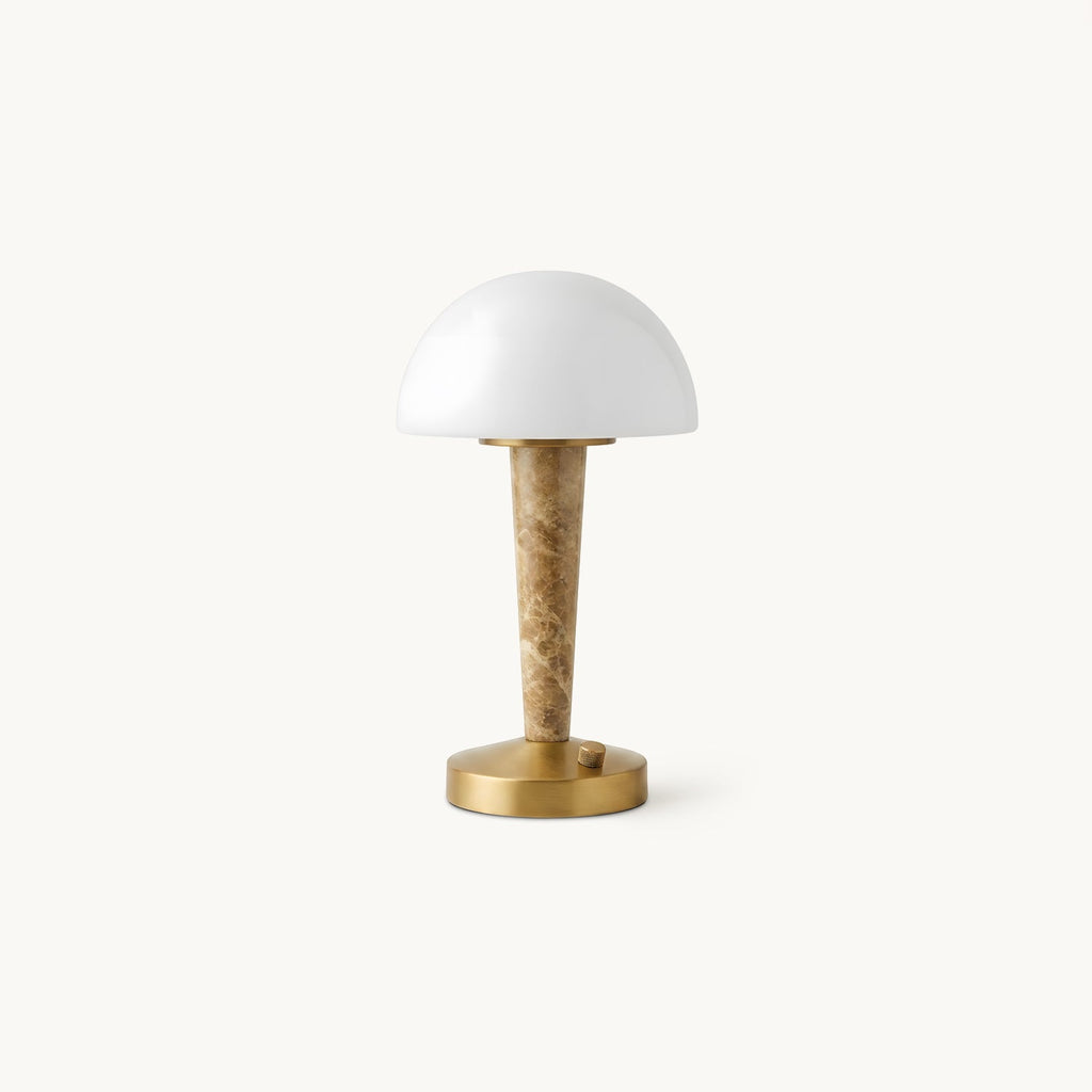 Table lamp with white dome shade, gold base and marble-effect stem