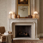 Table lamp with white dome shade, gold base and marble-effect stem