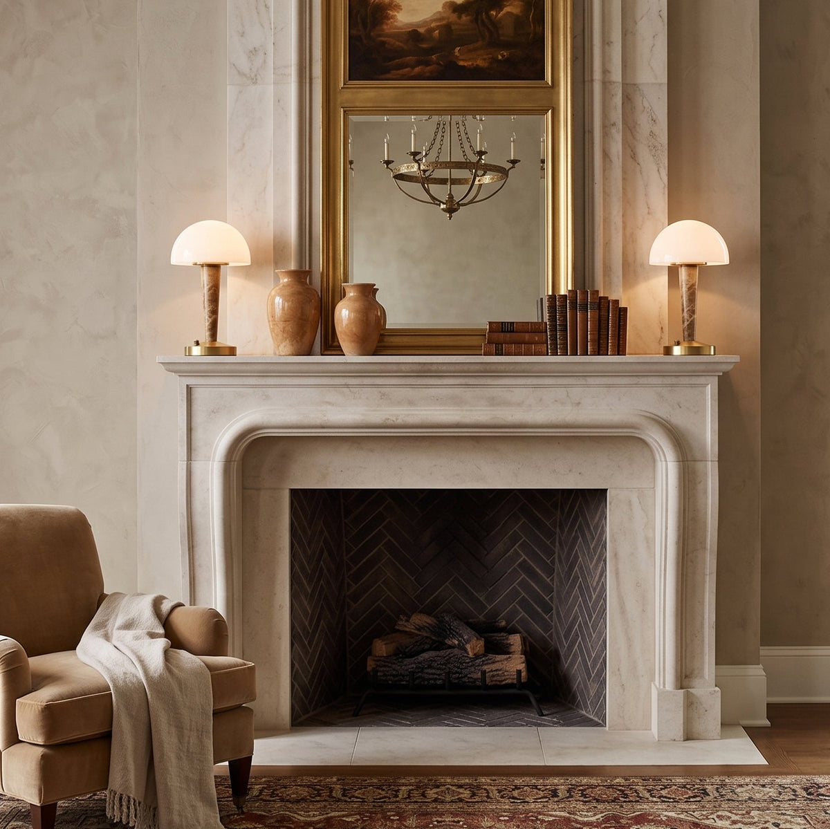 Table lamp with white dome shade, gold base and marble-effect stem