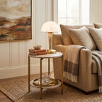 Table lamp with white dome shade, gold base and marble-effect stem