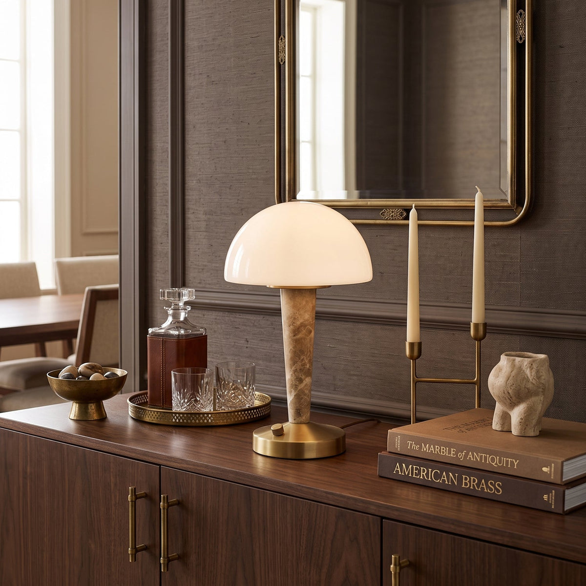 Table lamp with white dome shade, gold base and marble-effect stem