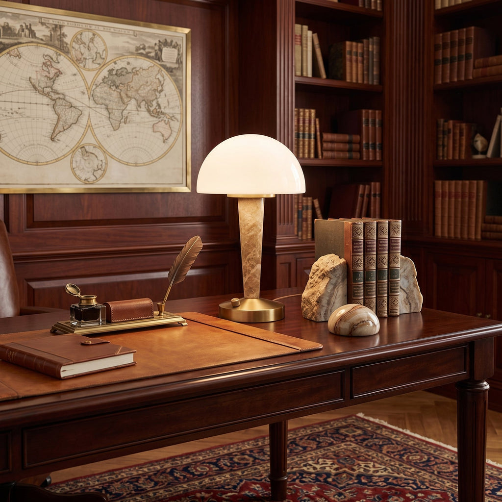 Table lamp with white dome shade, gold base and marble-effect stem