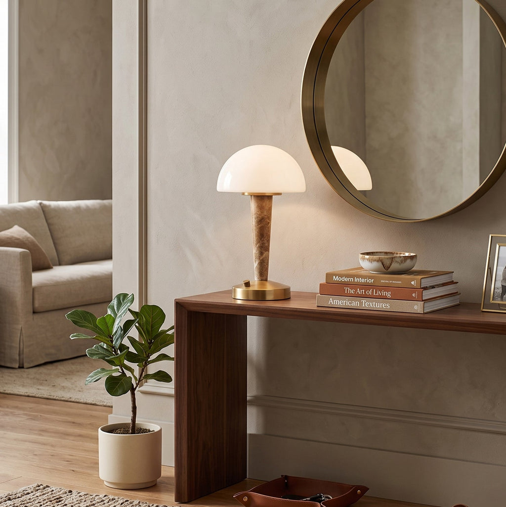 Table lamp with white dome shade, gold base and marble-effect stem