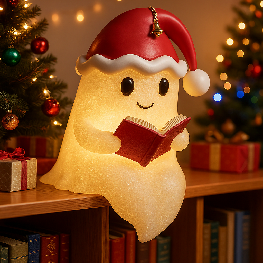 Illuminated beige Christmas ghost decoration wearing a red Santa hat and holding an open book