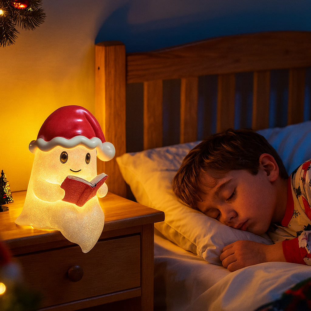 Illuminated beige Christmas ghost decoration wearing a red Santa hat and holding an open book
