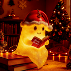 Illuminated beige Christmas ghost decoration wearing a red Santa hat and holding an open book