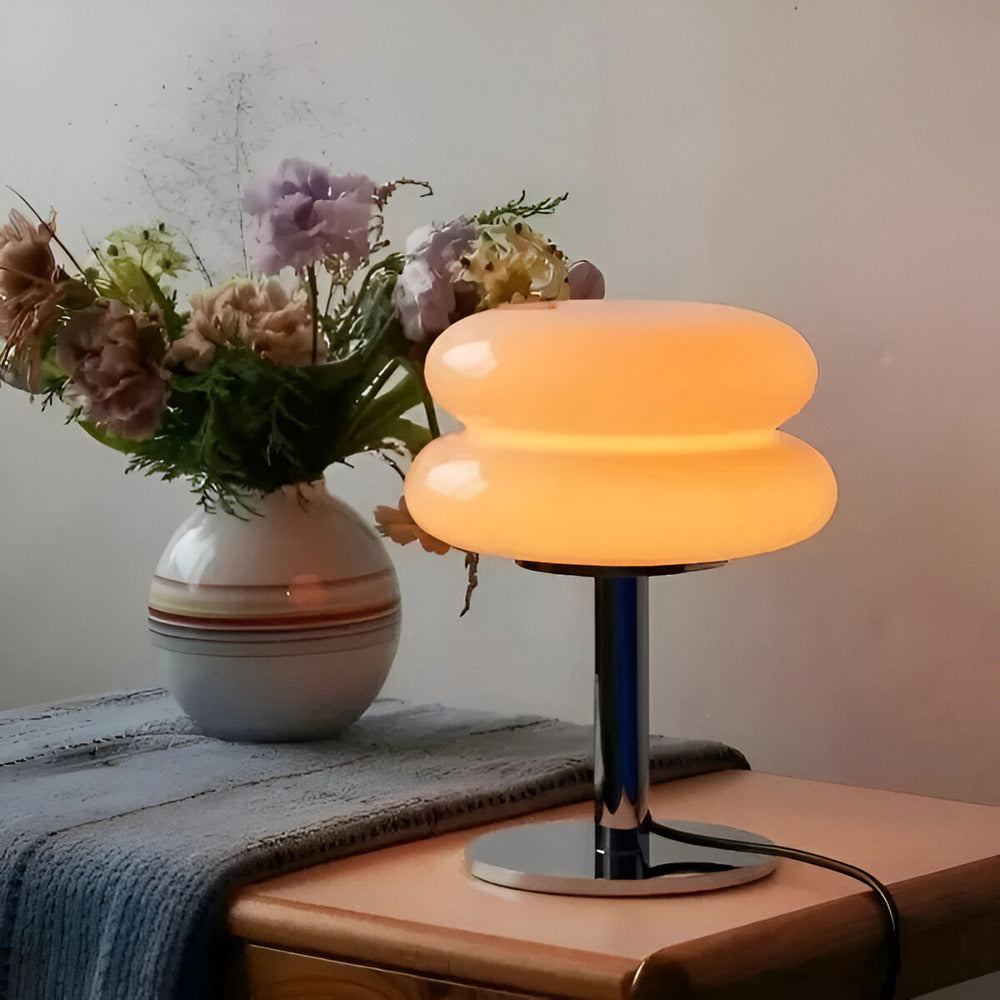 Glass table lamp with double oval shade and chrome-finish base