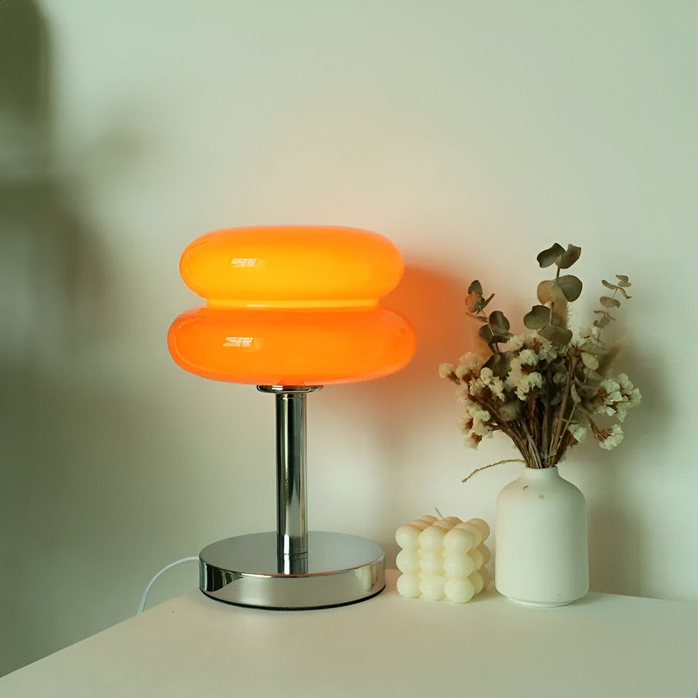 Glass table lamp with double oval shade and chrome-finish base