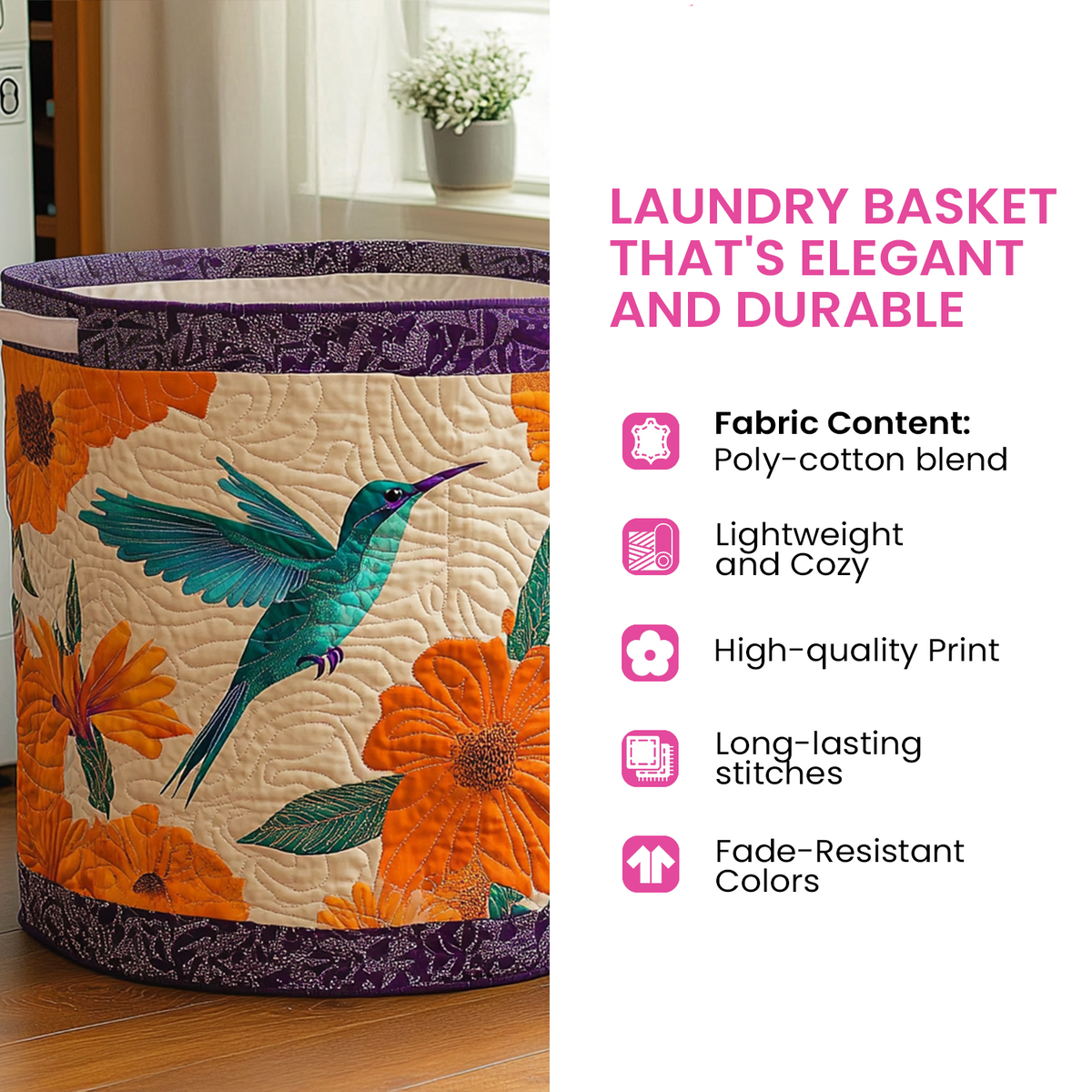 Blue quilted laundry basket with wave pattern and carry handles