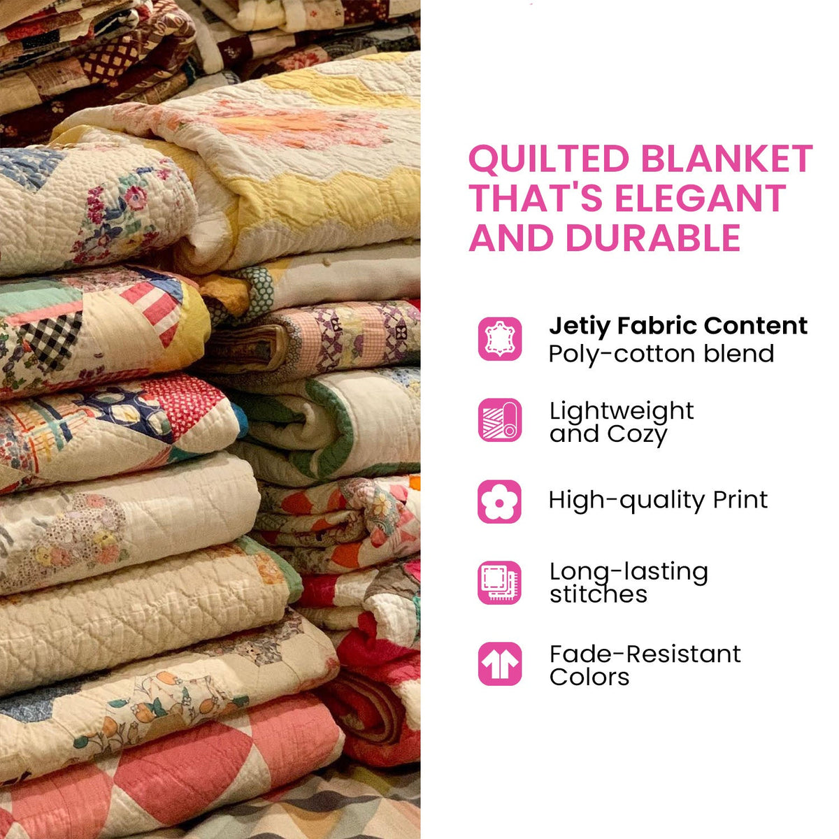 Red, blue and cream quilted patchwork blanket with floral and checked panels