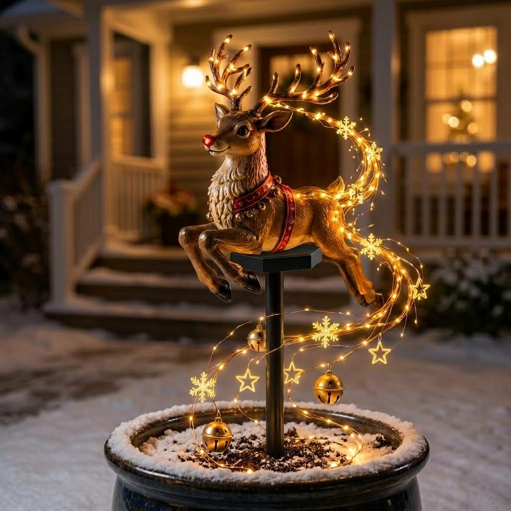 Illuminated Christmas garden stake light with seasonal figure and star and snowflake decorations