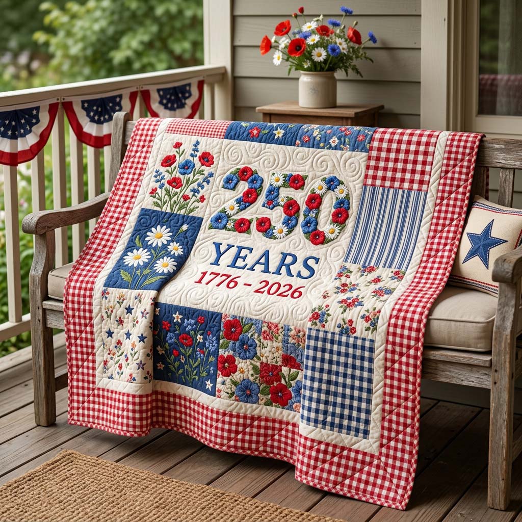 Red, blue and cream quilted patchwork blanket with floral and checked panels