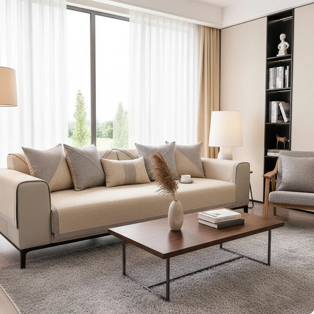 Sofa Cover Couch Slipcover Cotton-Linen Flat Lay - Cream