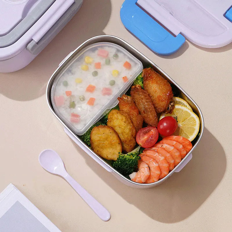 Dark grey electric lunch box with teal handles, carry bag, cables and cutlery