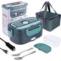 Dark grey electric lunch box with teal handles, carry bag, cables and cutlery