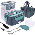 Dark grey electric lunch box with teal handles, carry bag, cables and cutlery