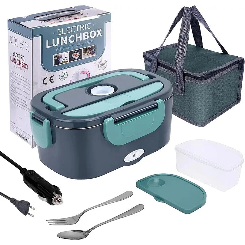 Dark grey electric lunch box with teal handles, carry bag, cables and cutlery