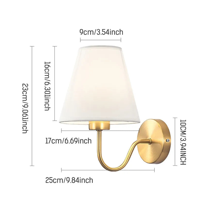 Wall lamp with tapered fabric shade and curved arm