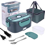 Dark grey electric lunch box with teal handles, carry bag, cables and cutlery