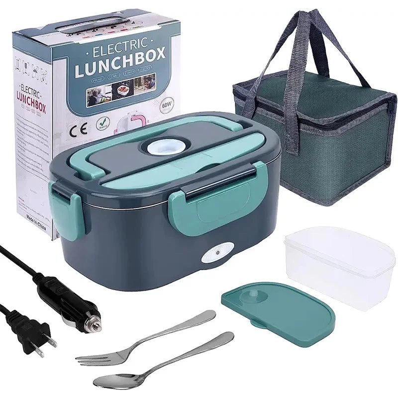 Dark grey electric lunch box with teal handles, carry bag, cables and cutlery