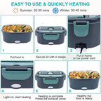 Dark grey electric lunch box with teal handles, carry bag, cables and cutlery