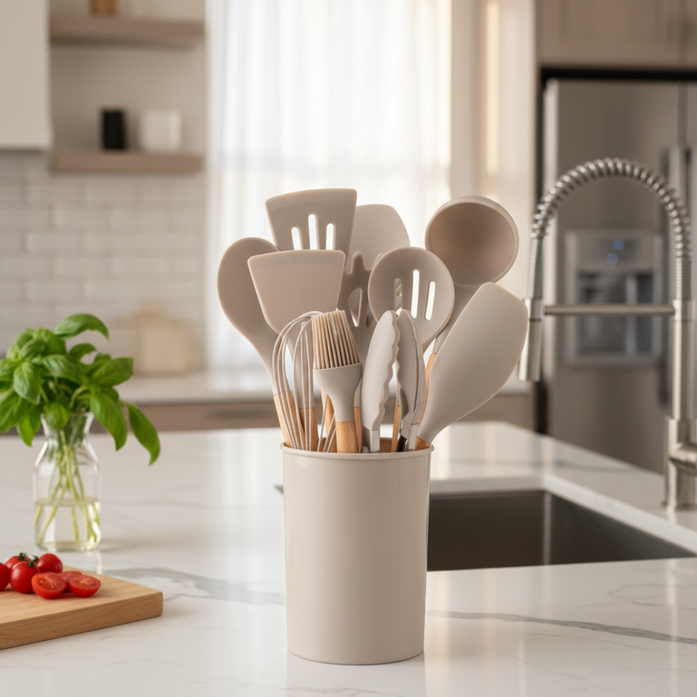 Silicone cooking utensil set with wood-effect handles and holder