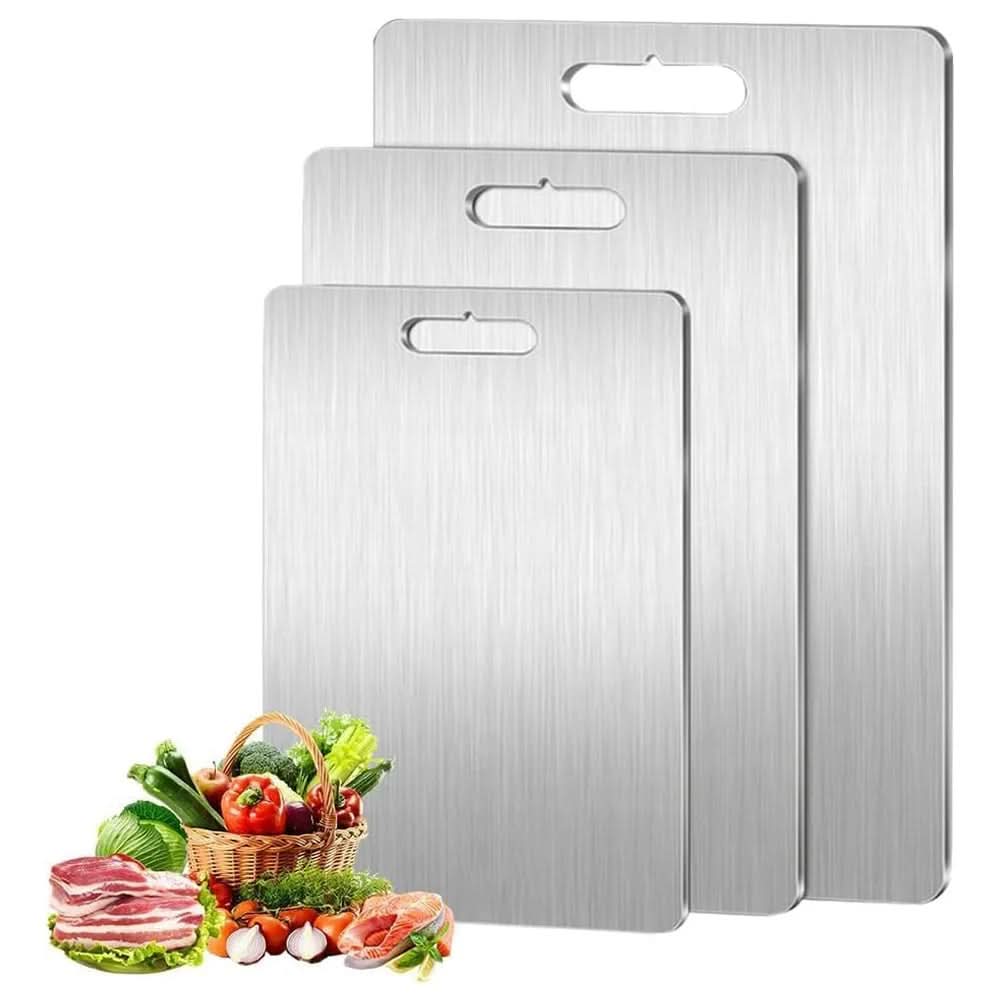 Rectangular silver cutting board with integrated handle opening