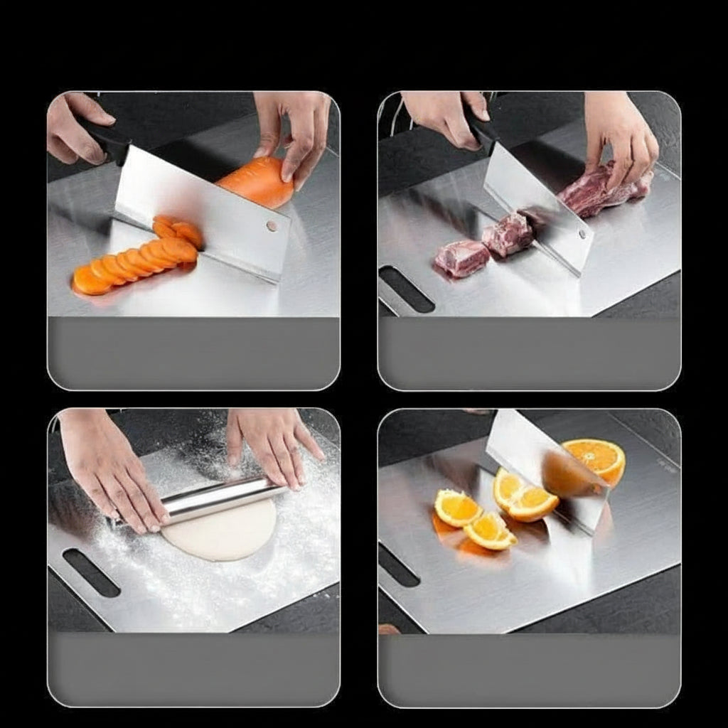 Rectangular silver cutting board with integrated handle opening