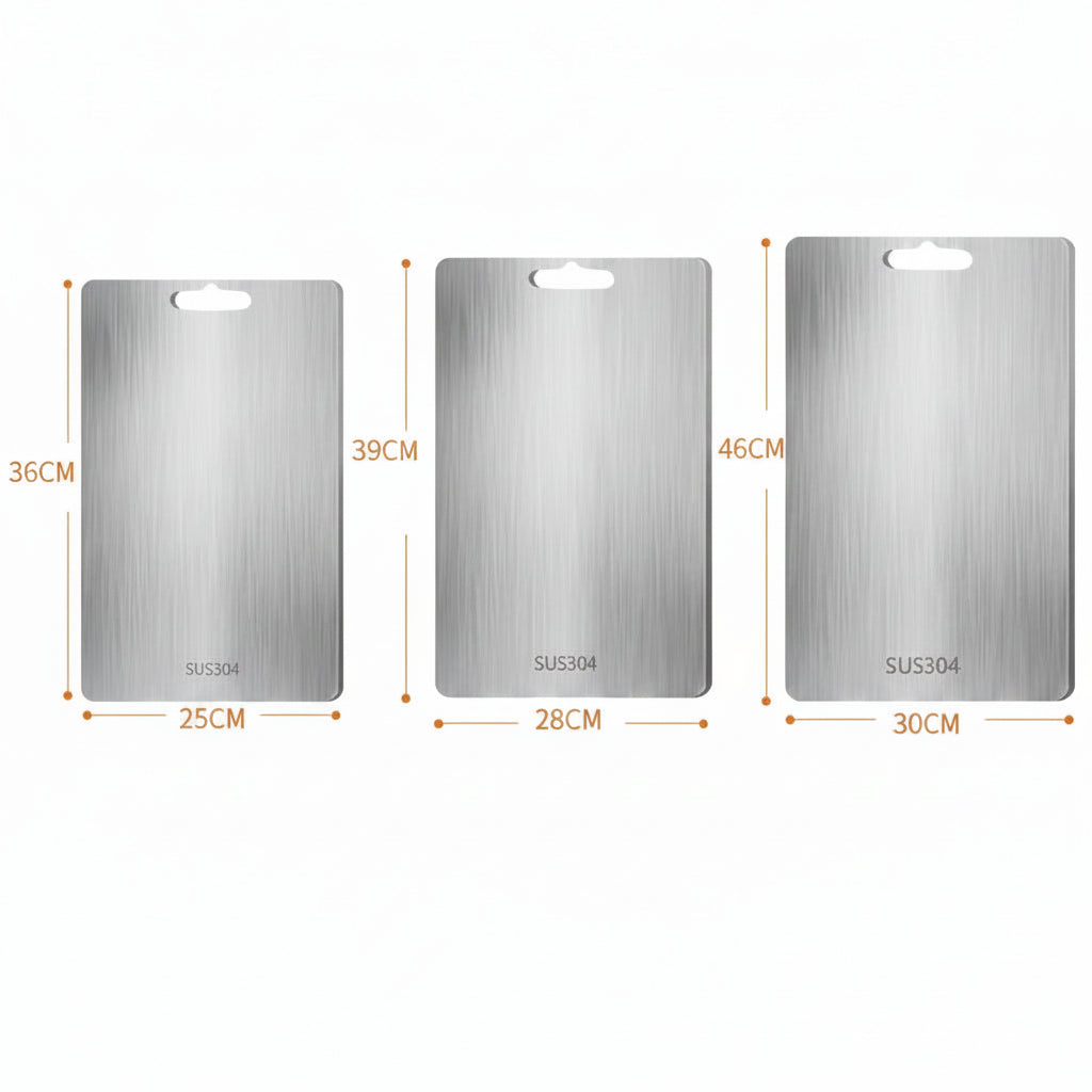 Rectangular silver cutting board with integrated handle opening
