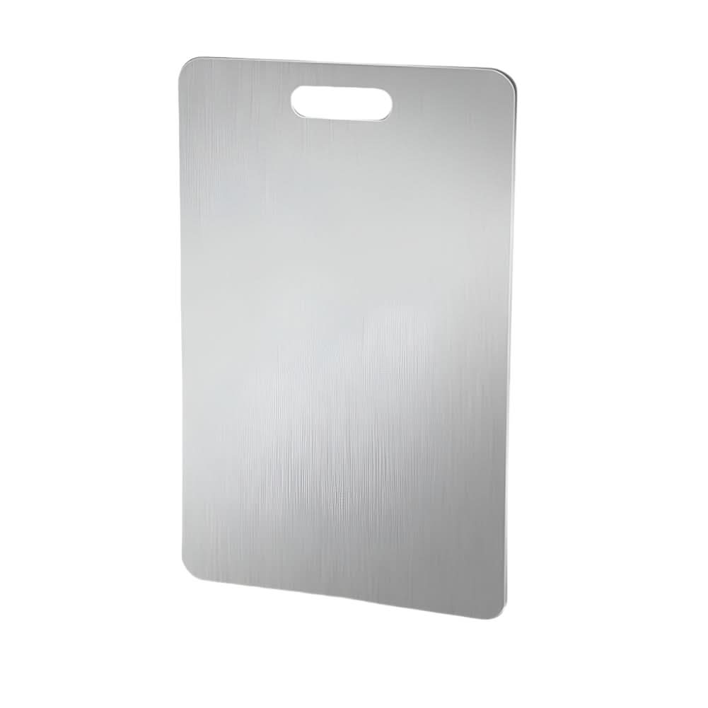 Rectangular silver cutting board with integrated handle opening