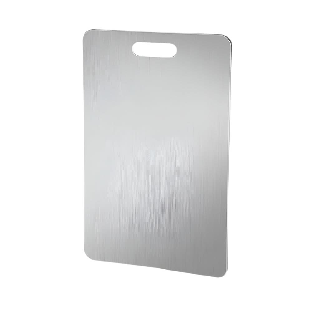 Rectangular silver cutting board with integrated handle opening