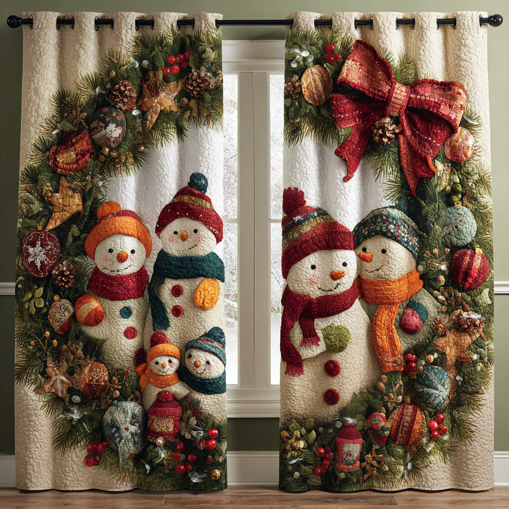 Quilted winter curtains with snowmen, festive greenery and grommet rings