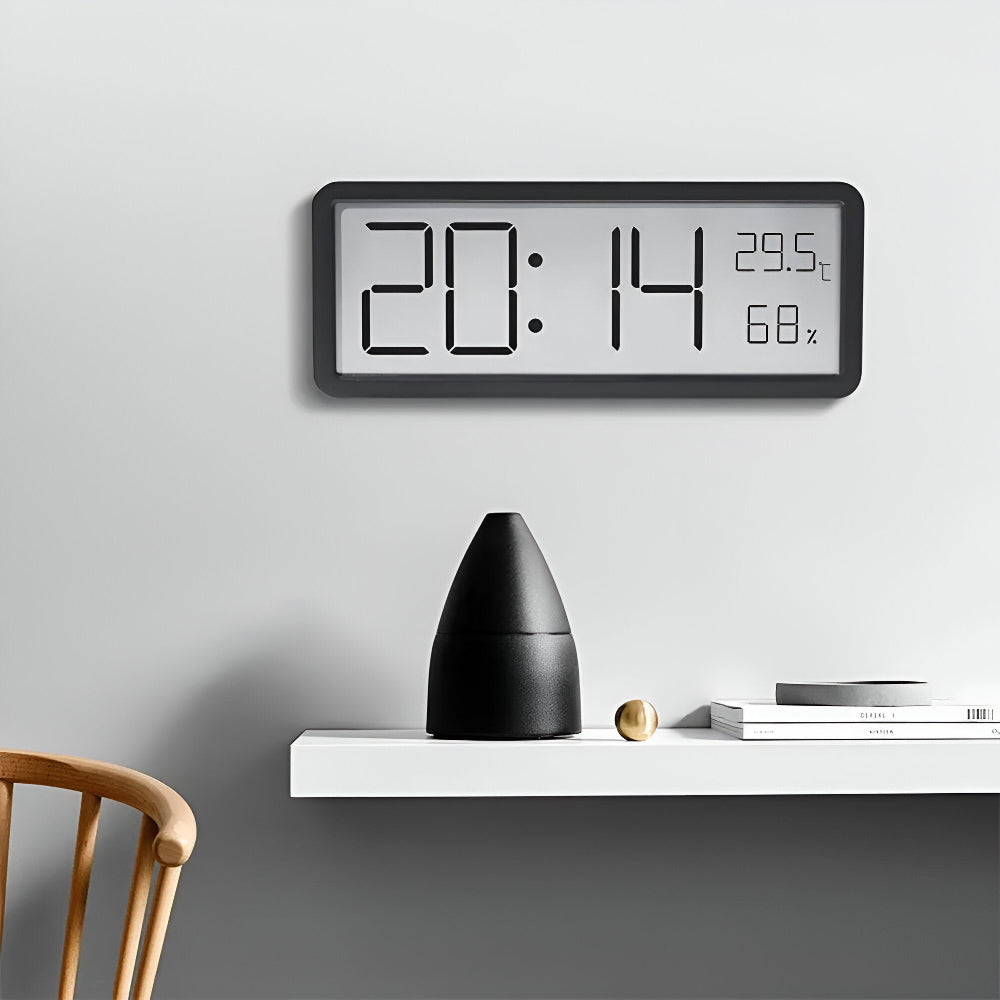 Rectangular digital wall clock displaying time, temperature and humidity