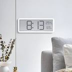Rectangular digital wall clock displaying time, temperature and humidity