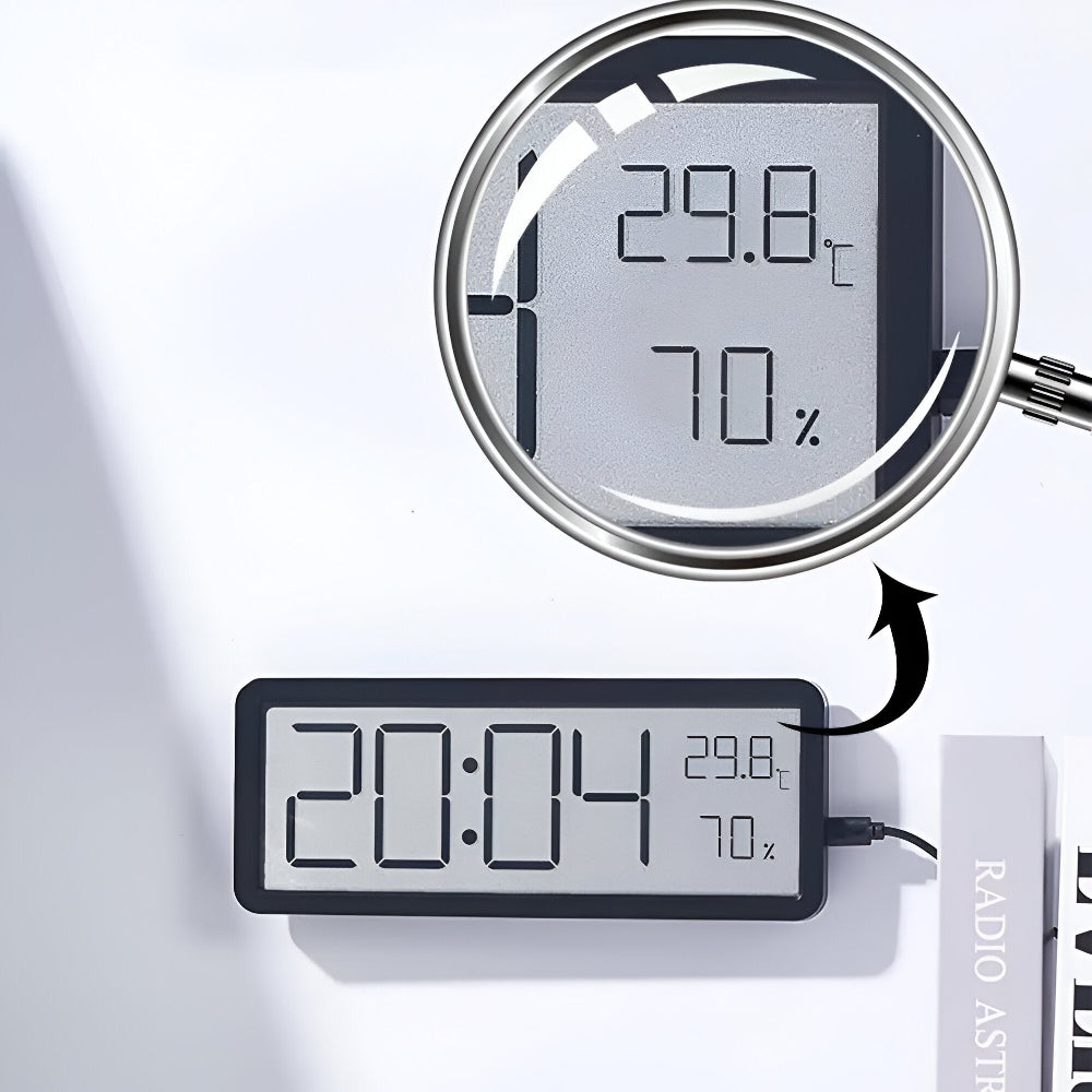 Rectangular digital wall clock displaying time, temperature and humidity
