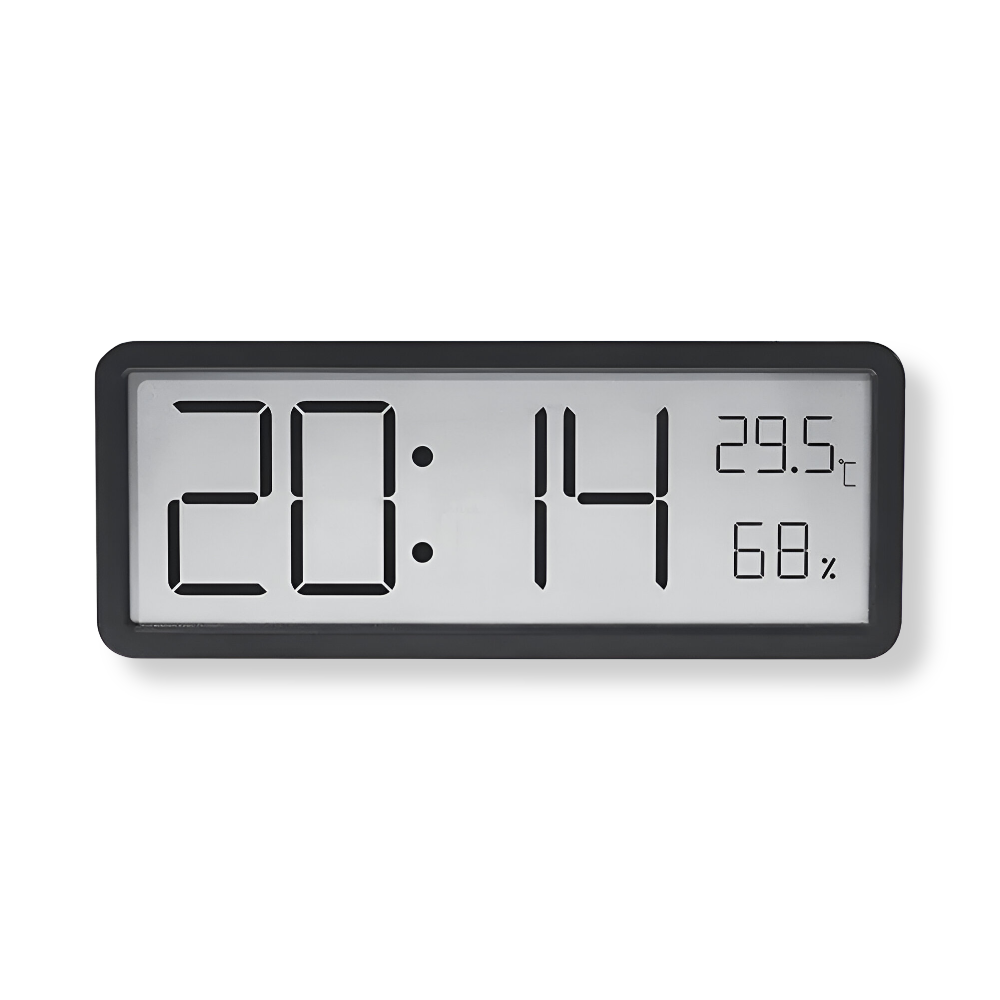 Rectangular digital wall clock displaying time, temperature and humidity