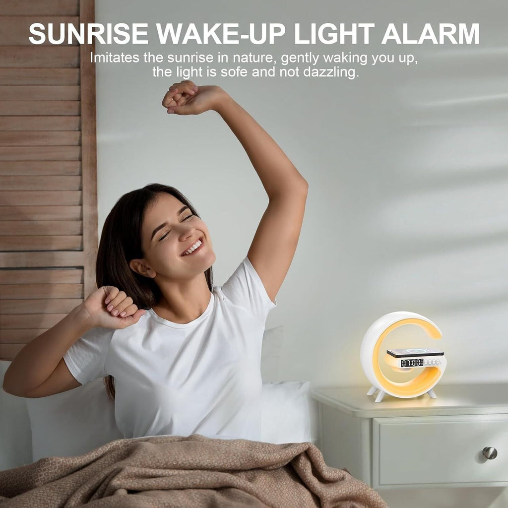 Smart alarm clock with digital display and colour-changing ring light