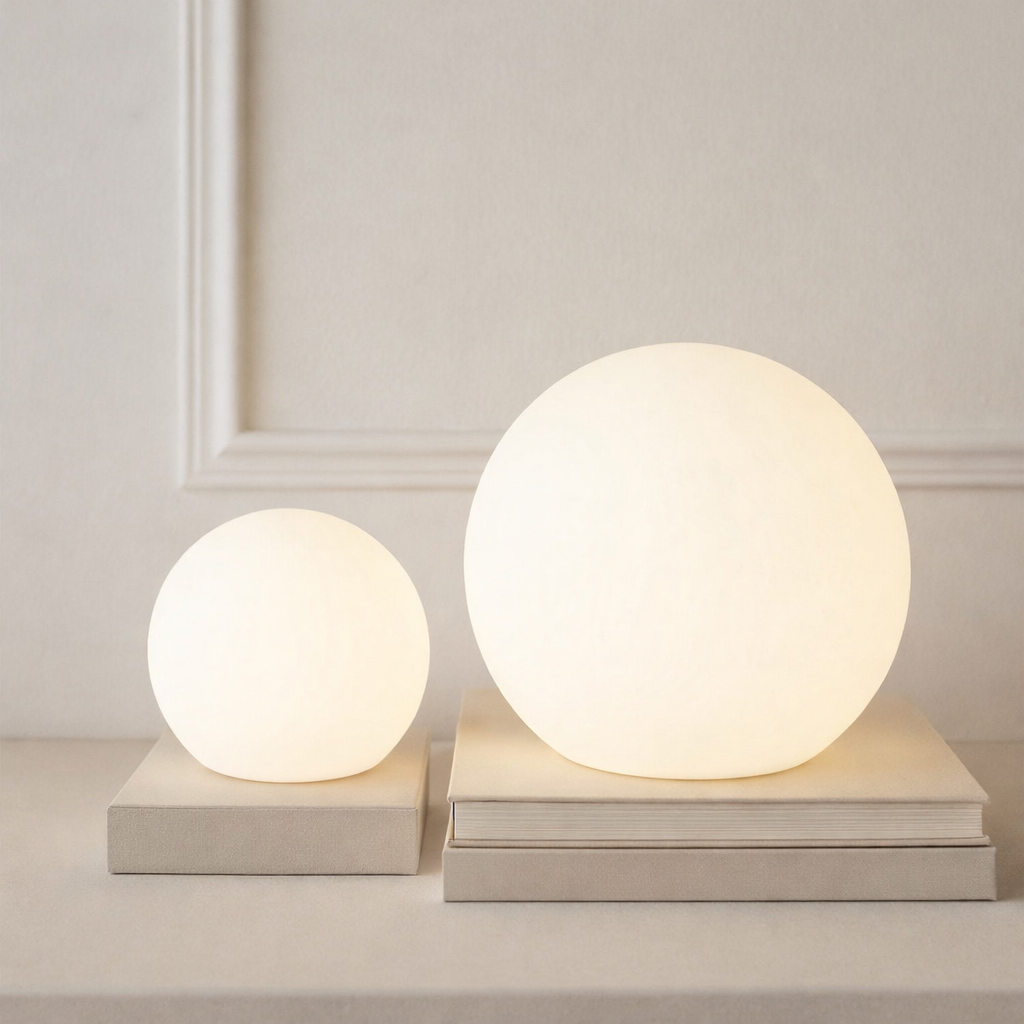 Spherical cordless LED table lamp glowing with coloured light