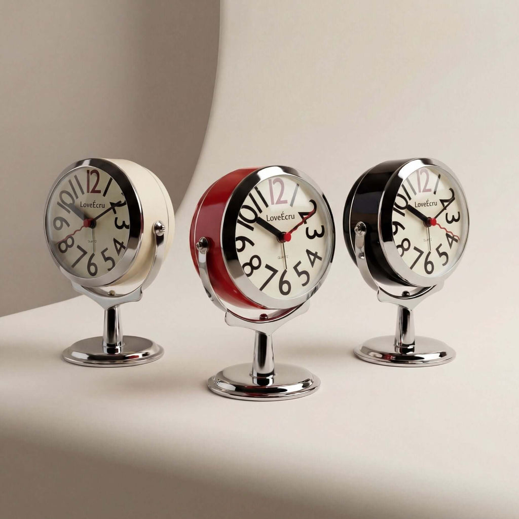 Round analogue alarm clock with bold numerals and raised metallic-effect stand