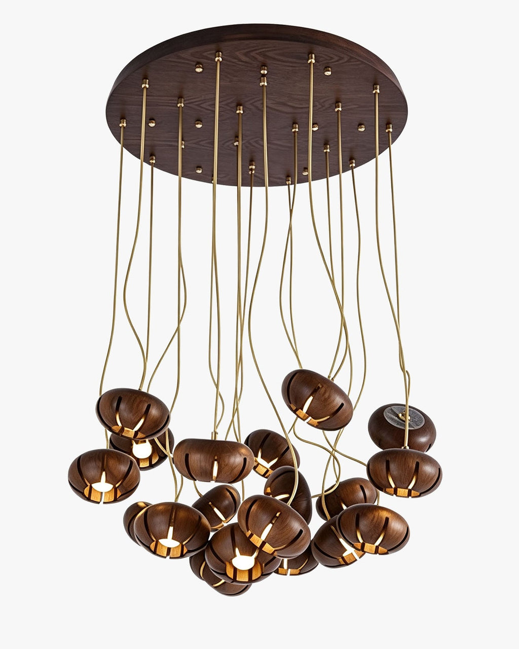 Cluster multi-light chandelier with suspended wood-effect pendant shades