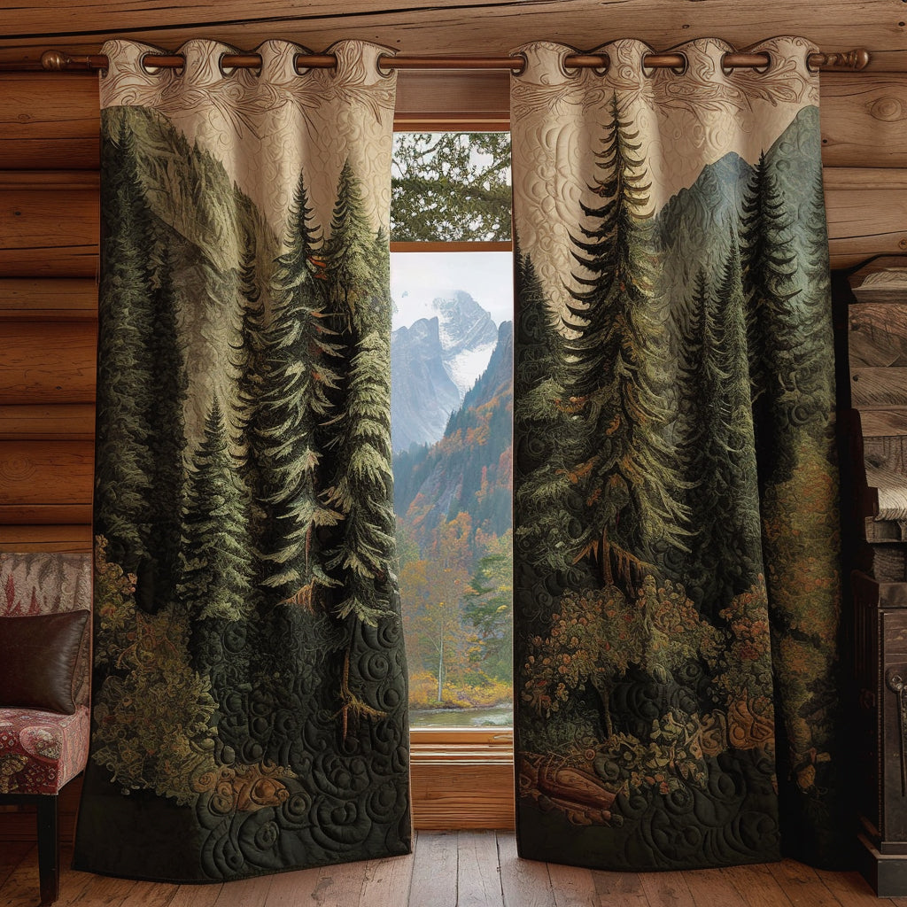 Quilted curtains with an evergreen forest and mountain print