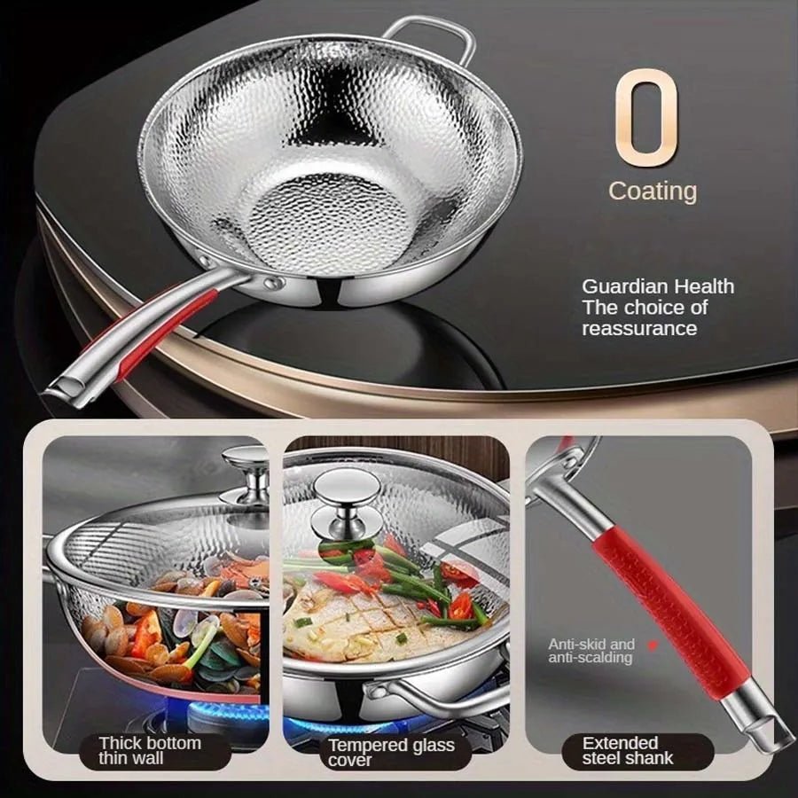Silver 30 cm hammered wok pan with long handle and side grip