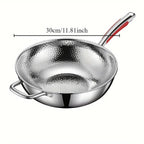 Silver 30 cm hammered wok pan with long handle and side grip