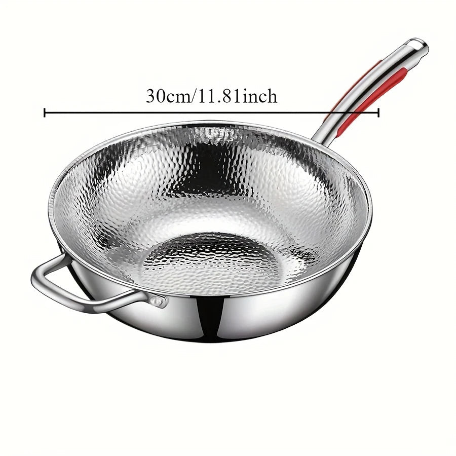 Silver 30 cm hammered wok pan with long handle and side grip