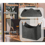 Black felt firewood basket with wooden handles and front pocket