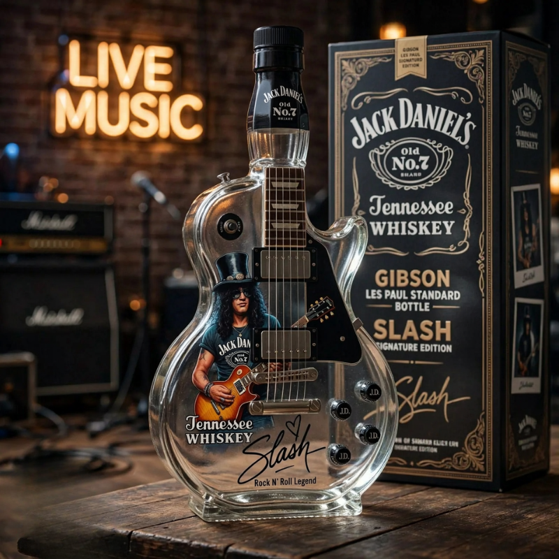 Guitar-shaped amber brown decorative decanter on a black display base